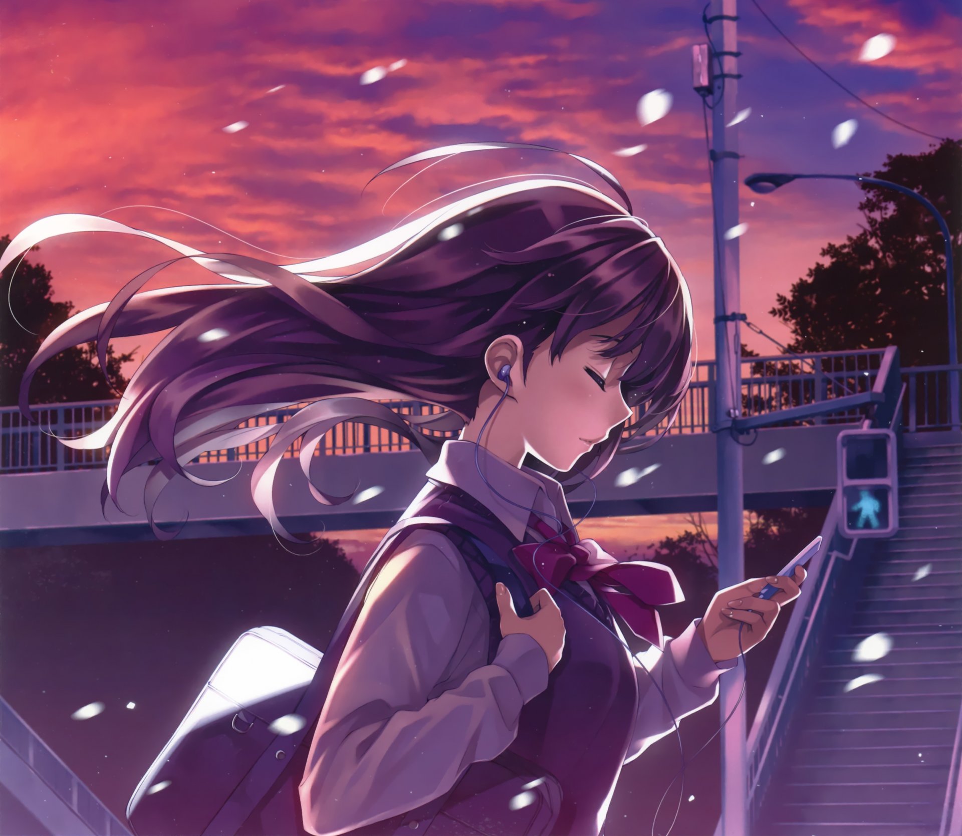 arte misaki kurehito ragazza studentessa auricolare filo cielo tramonto uniforme giocatore anime