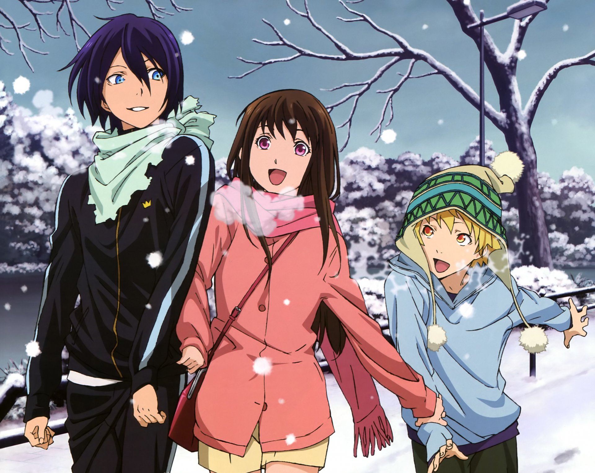 арт аниме noragami йато yukine ики hiyori девушка парни снег зима холод шарф