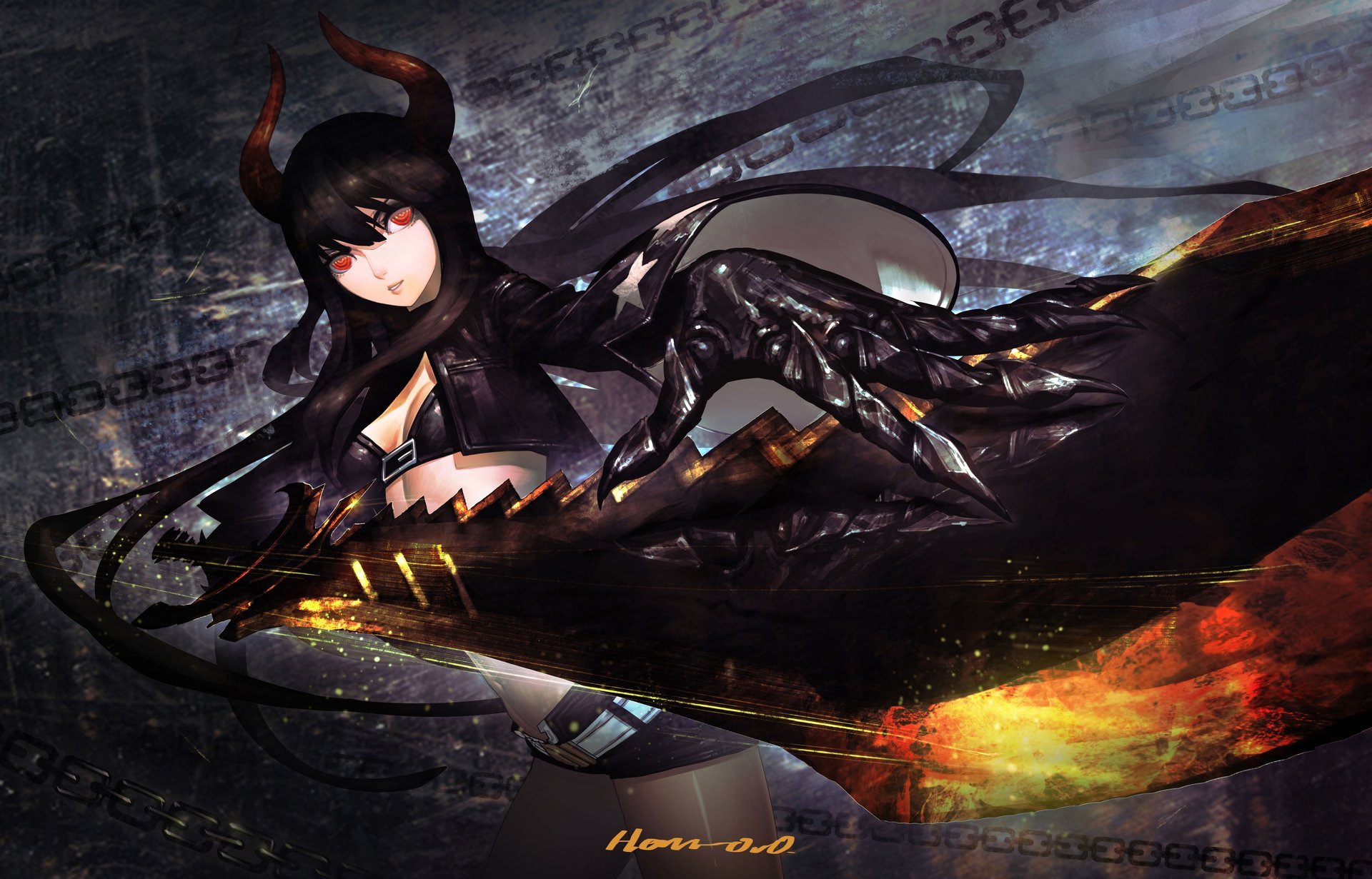 art anime black rock shooter black rock shooter czarne złoto piła dziewczyna rogi miecz broń łańcuchy