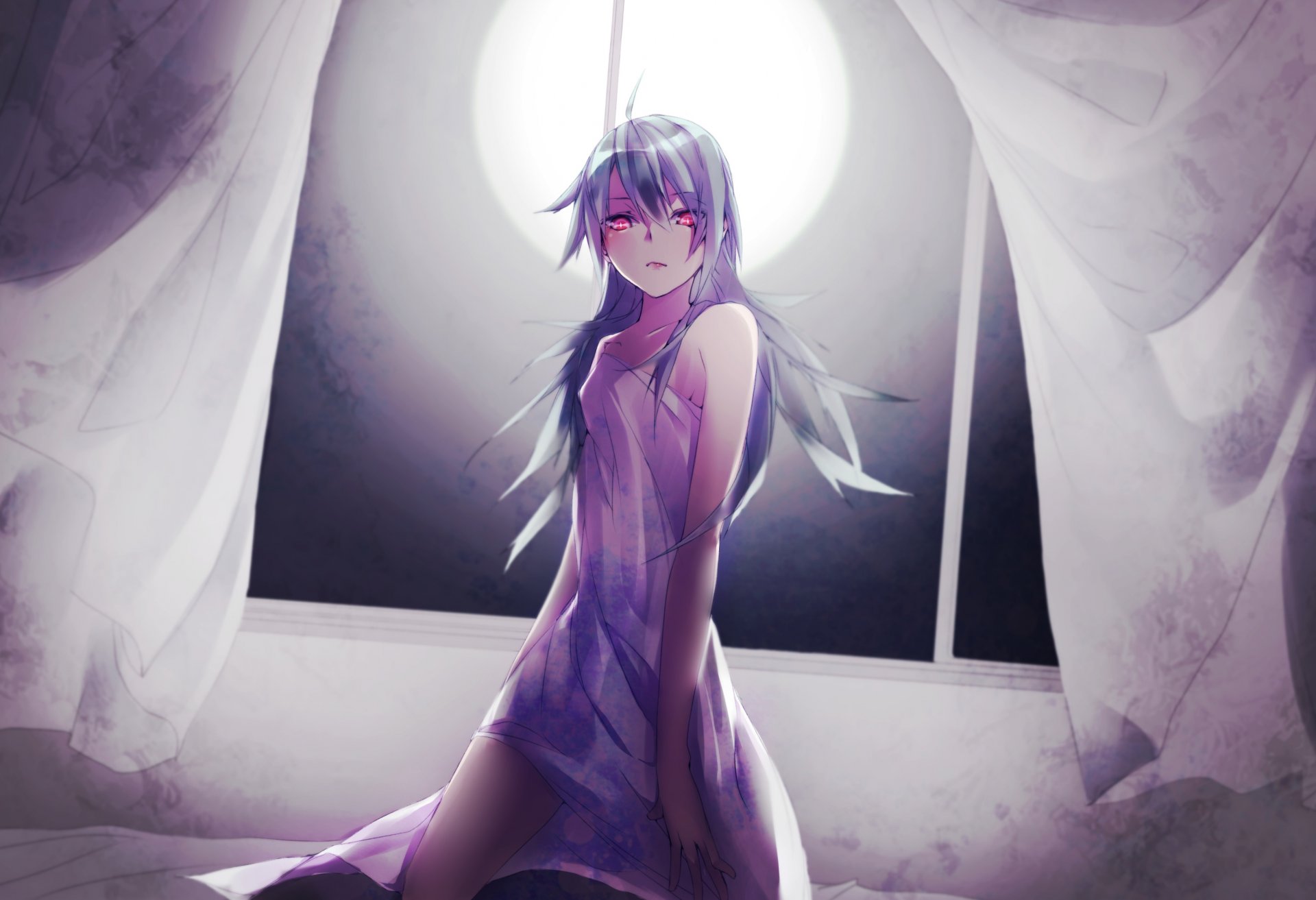 takka aegis9294 vocaloid gumi ragazza seduta notte luna vento chemise capelli lunghi occhi rossi