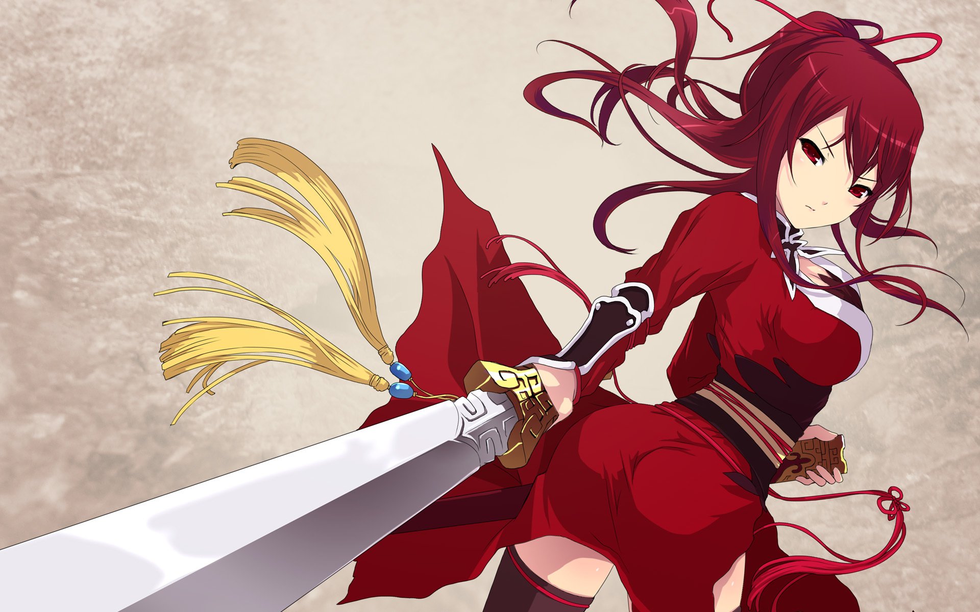 art cait girl red sword background red dre