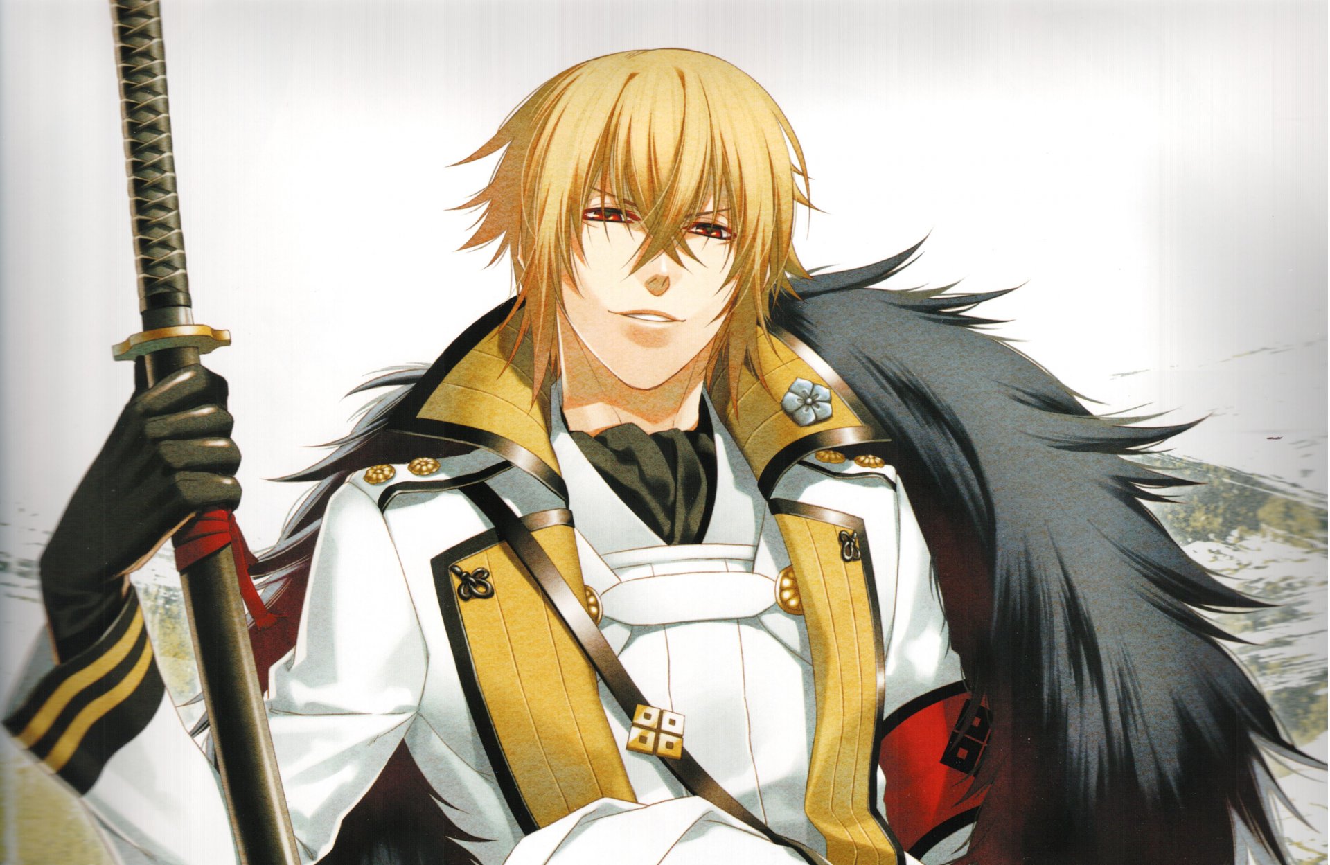 hakuouki hakuouki shinsengumi kitan chikage kazama guy sword smile blonde red eyes military military uniform