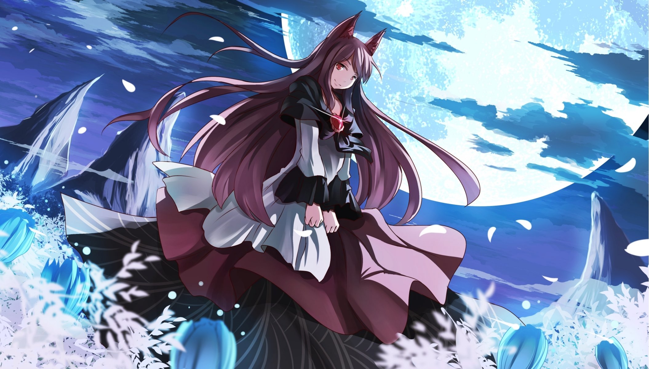 art risutaru touhou imaizumi kagerou fille nuit lune oreilles ciel pétales nuages fleurs