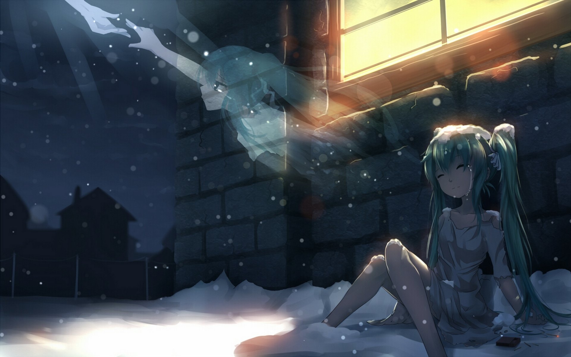 arte sena i vocaloid ragazza hatsune miku neve inverno fantasma lacrime casa finestra luce