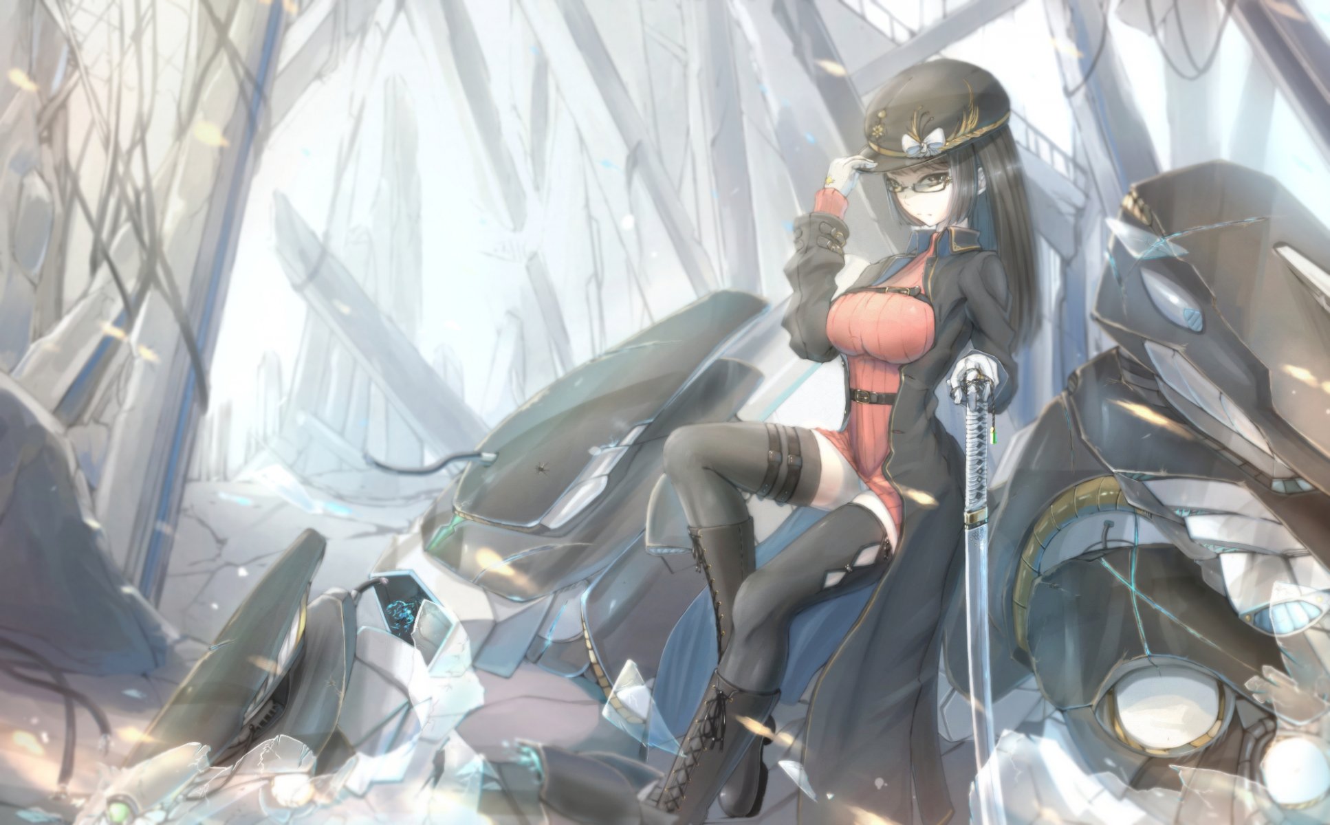 art kikivi girl view breasts pose sunglasses cap weapon sword technology