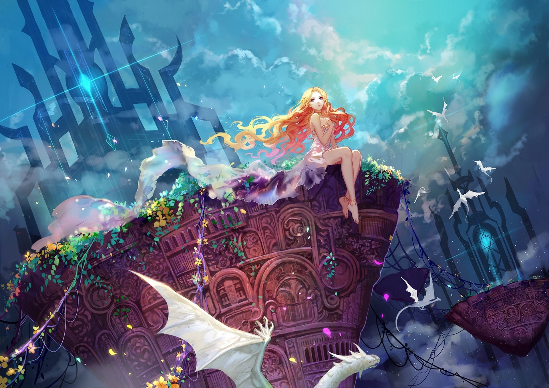 art asuka girl sky clouds dragons plants flower sitting anime