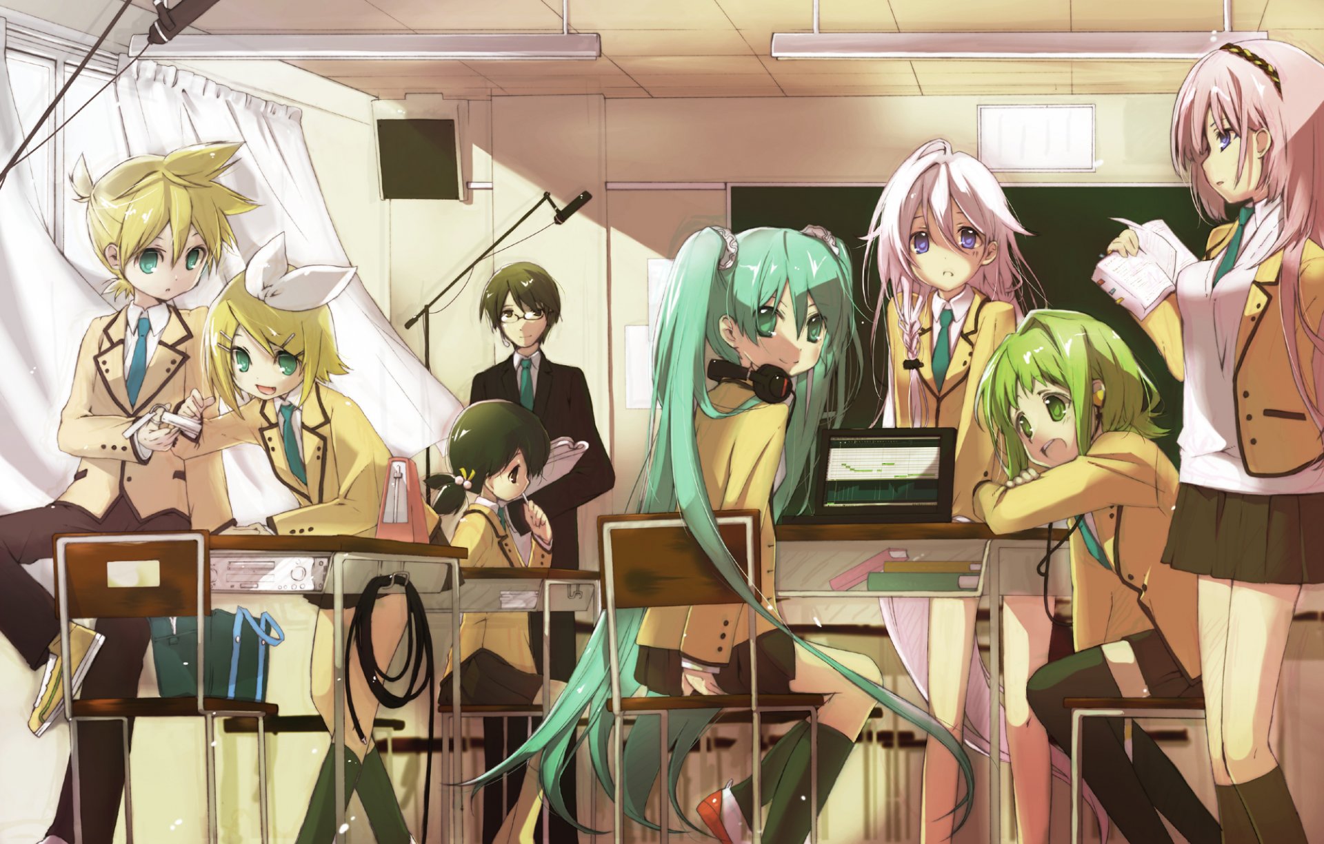 art hekicha vocaloid gumi hatsune miku hiyama kiyoteru ia kaai yuki kagamine len kagamine rin megurine luka girls boys class vocaloid desks headphones book glasses laptop wires schoolchildren uniform