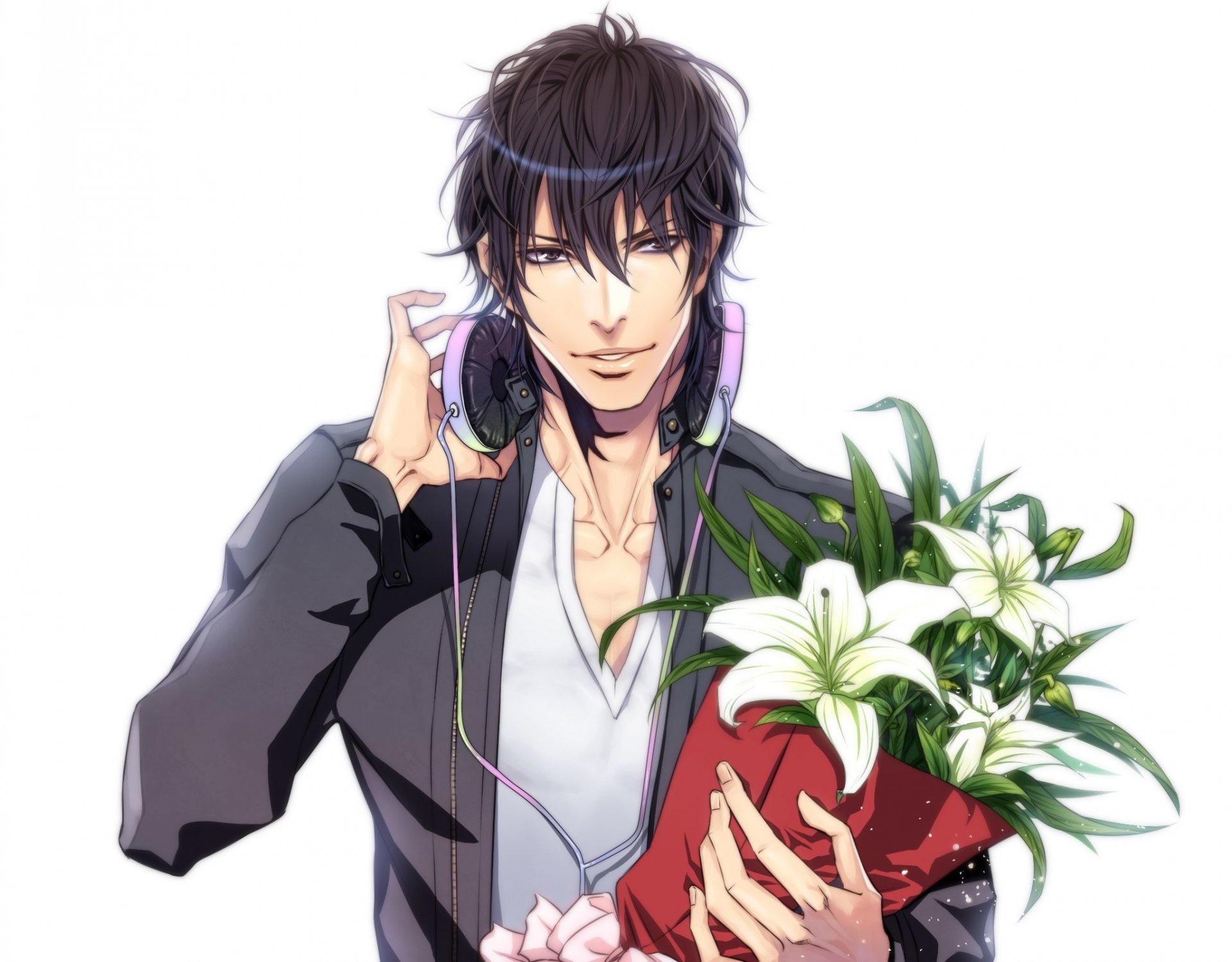 anime novio ramo flores auriculares