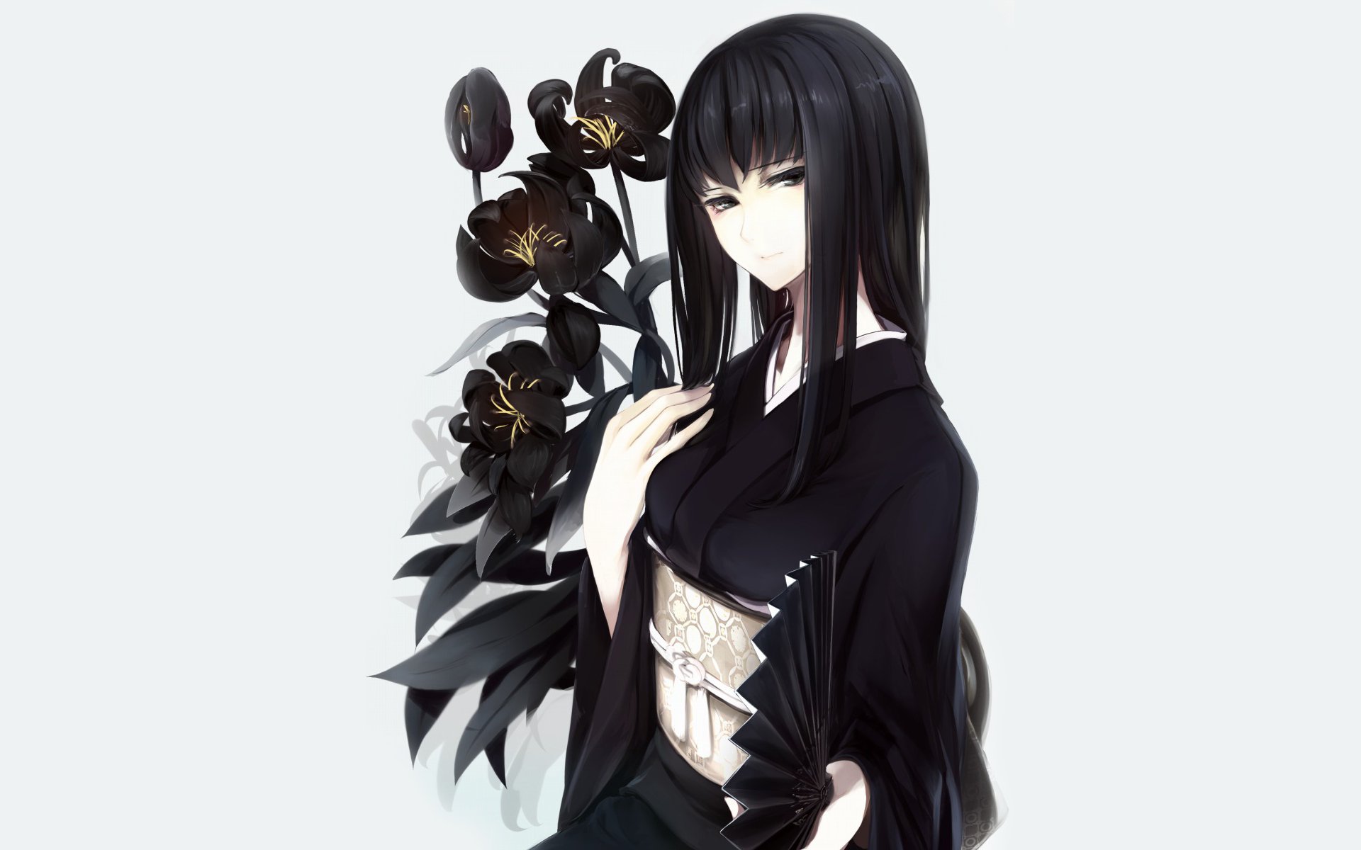 girl fan black irises kimono