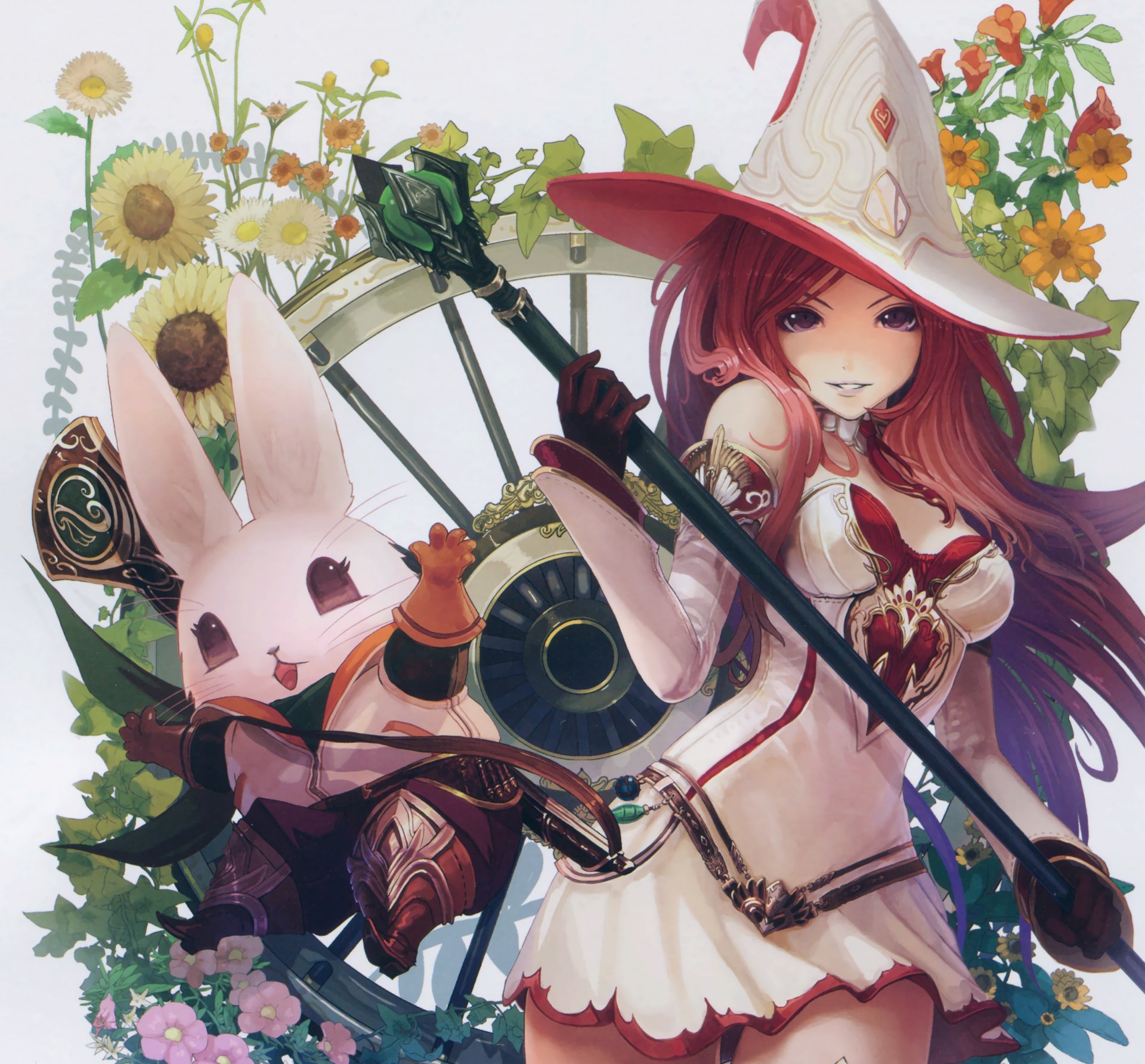 art tachikawa mushimaro bimo shingeki no bahamut girl hat staff hare smile flower anime