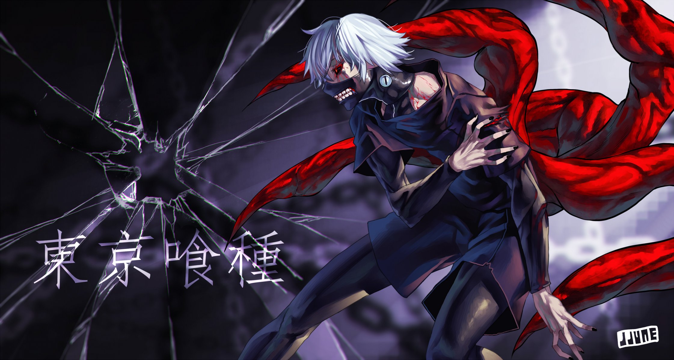 arte jjune ragazzo kaneki ken maschera artigli sangue ghoul frammenti tokyo ghoul