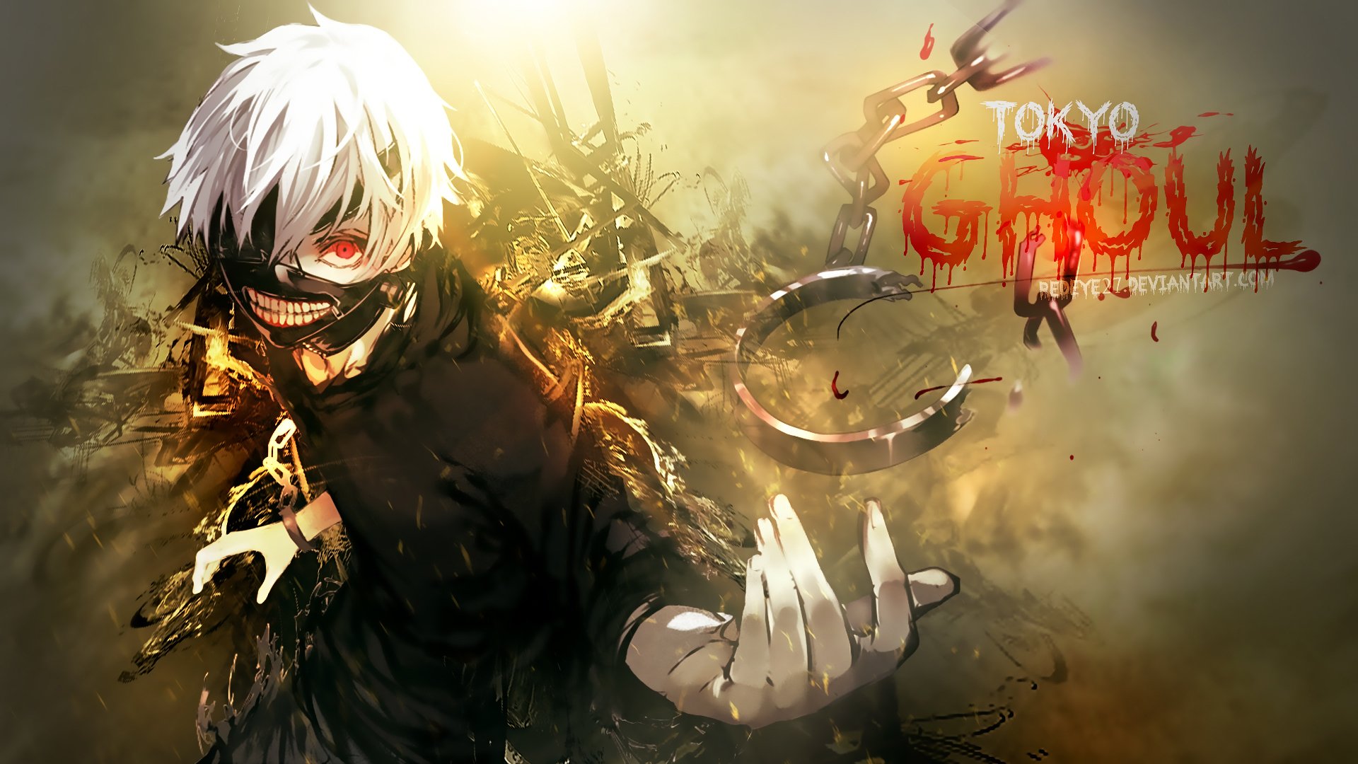 tokyo ghoul tokyo ghoul kaneki ken kaneki ken look masque oeil rouge cheveux blancs chaînes anime