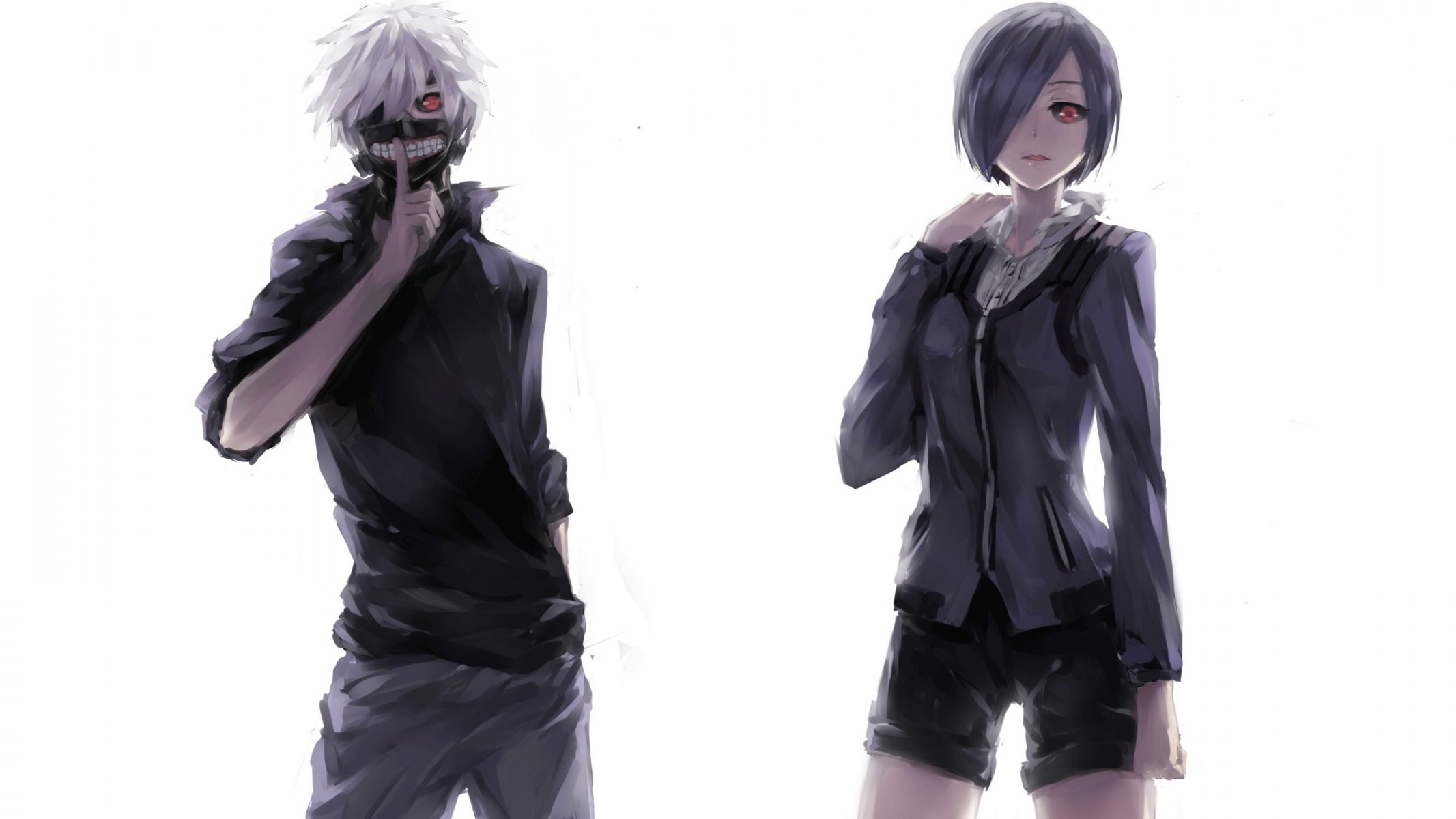 tokyo ghoul tokyo ghoul kaneki ken kirishima touka anime art fond blanc yeux rouges masque