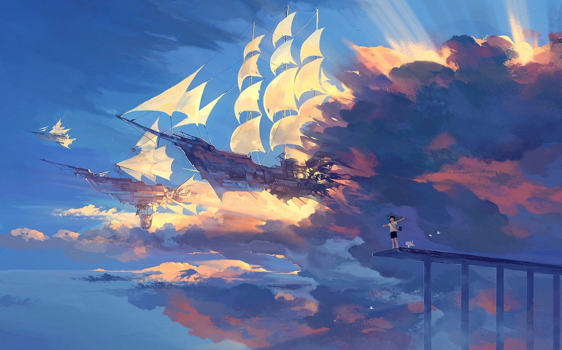 art hanyijie guy sky clouds ships happiness dog birds landscape anime