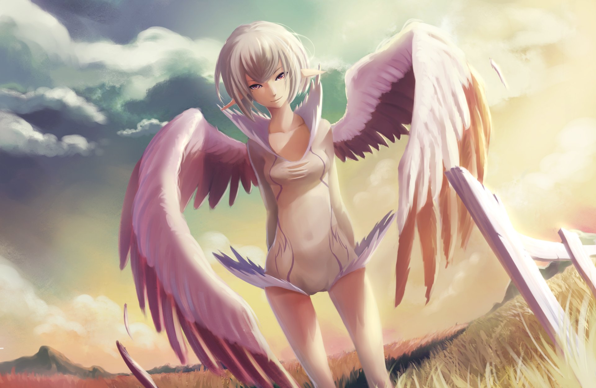 art fukafusa girl view smile wings angel the field sunset