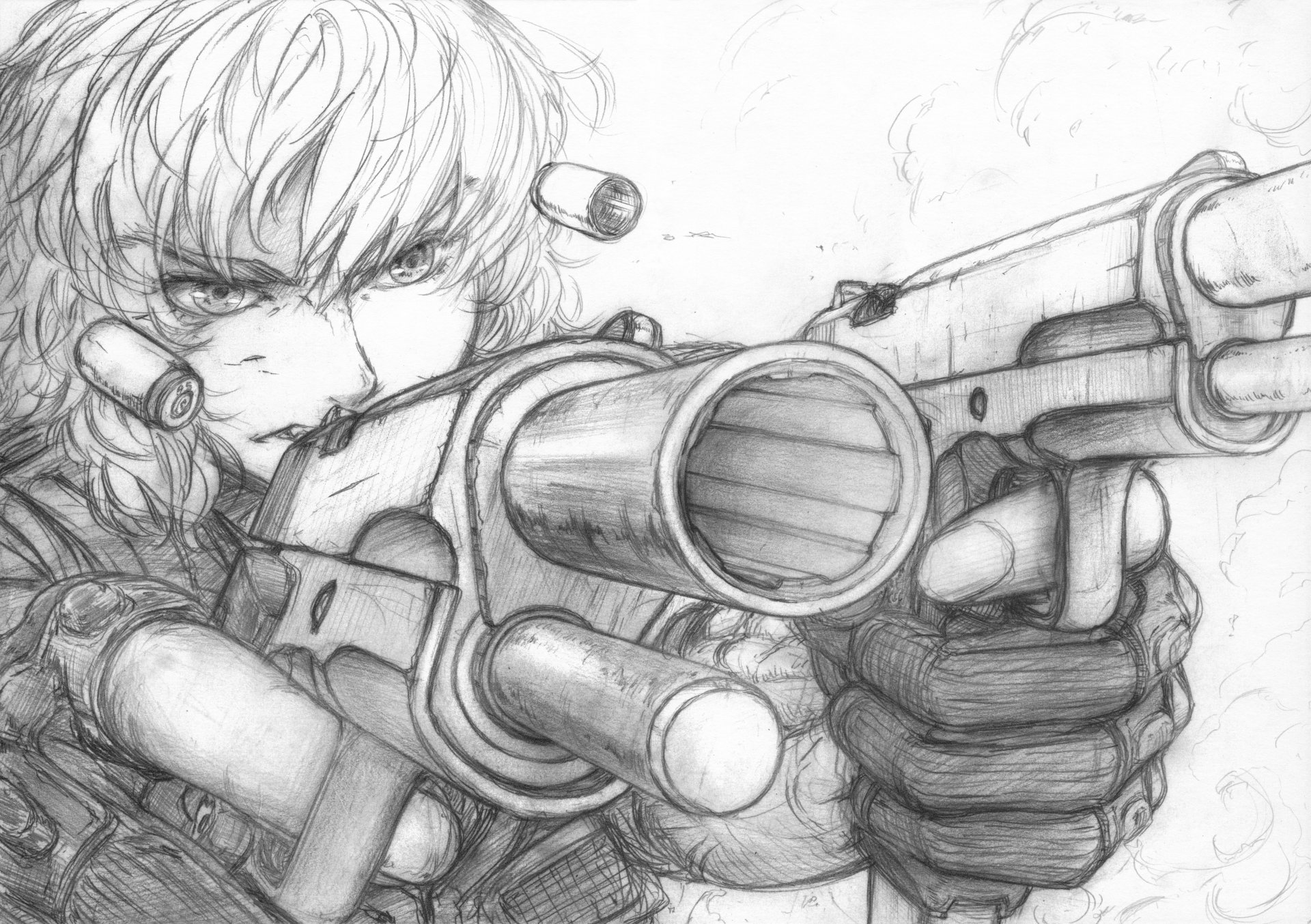 arte imizu kirisame marisa monocromo touhou chica pistolas armas disparos casquillos lápiz papel dibujo blanco y negro anime juego