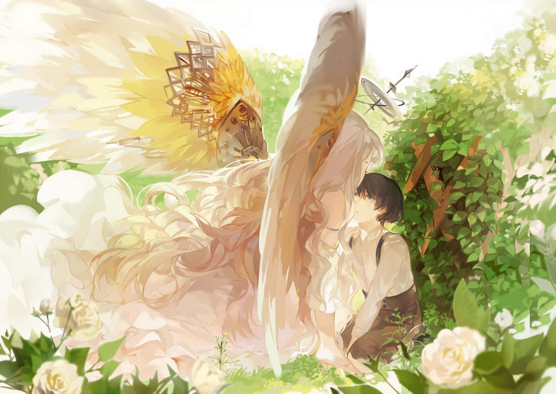 art nineo girl angel wings guy flower roses leaves bush halo anime