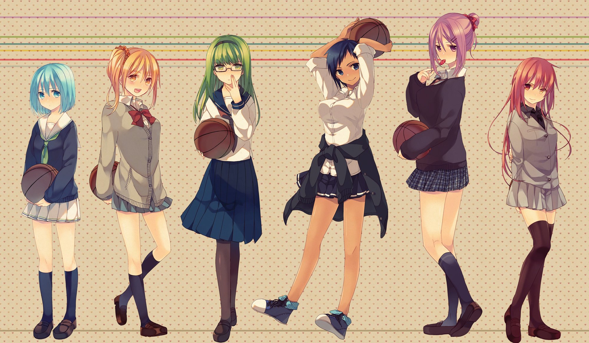 arte namiri anime baloncesto kuroko no kuroko no cestas tetsuya kuroko kise ryouta aomine daiki midorima shintarou akashi seijuurou murasakibara atsushi niñas colegialas uniforme pelota gafas