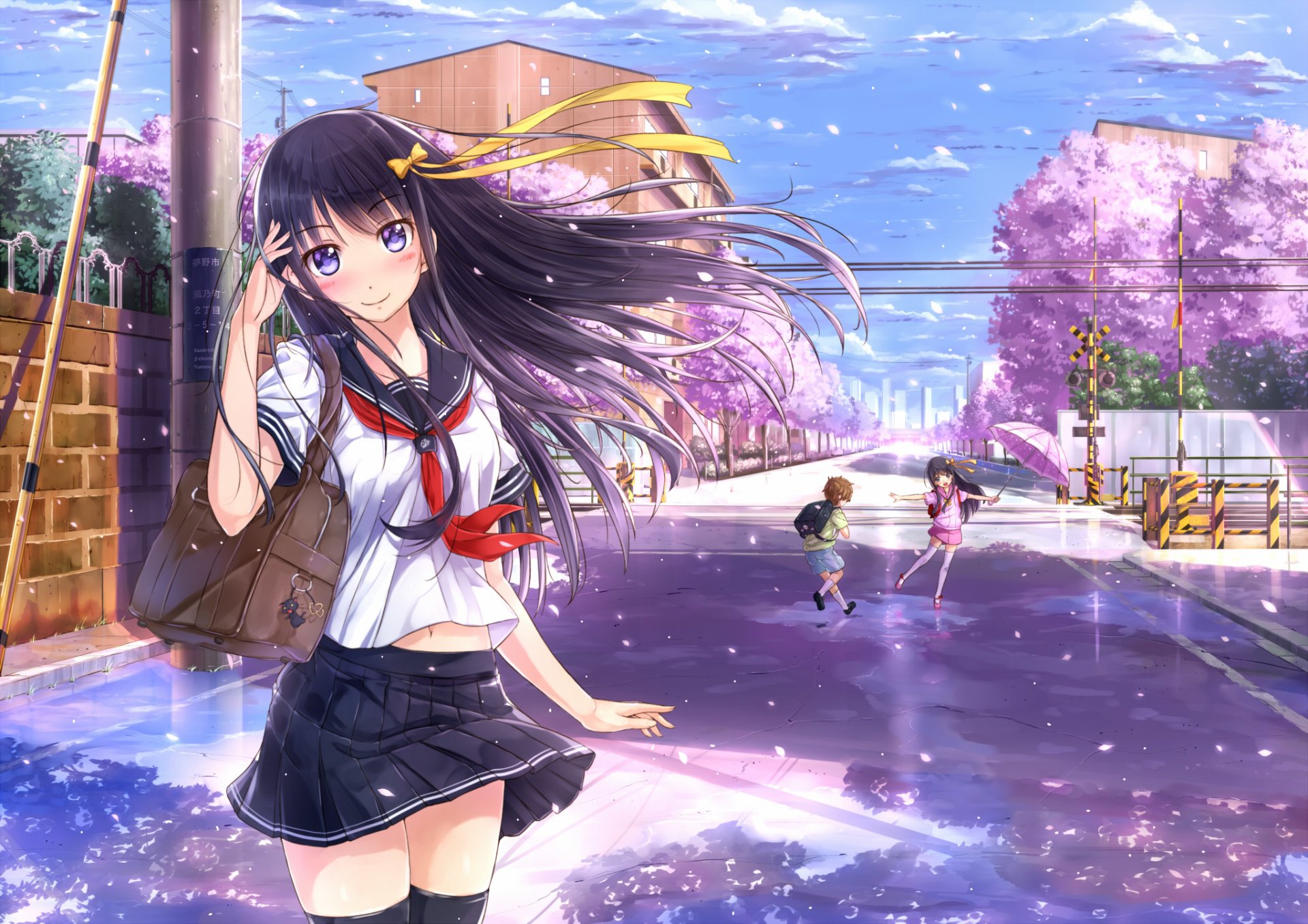 art kazeno girl view smile confused children street sakura