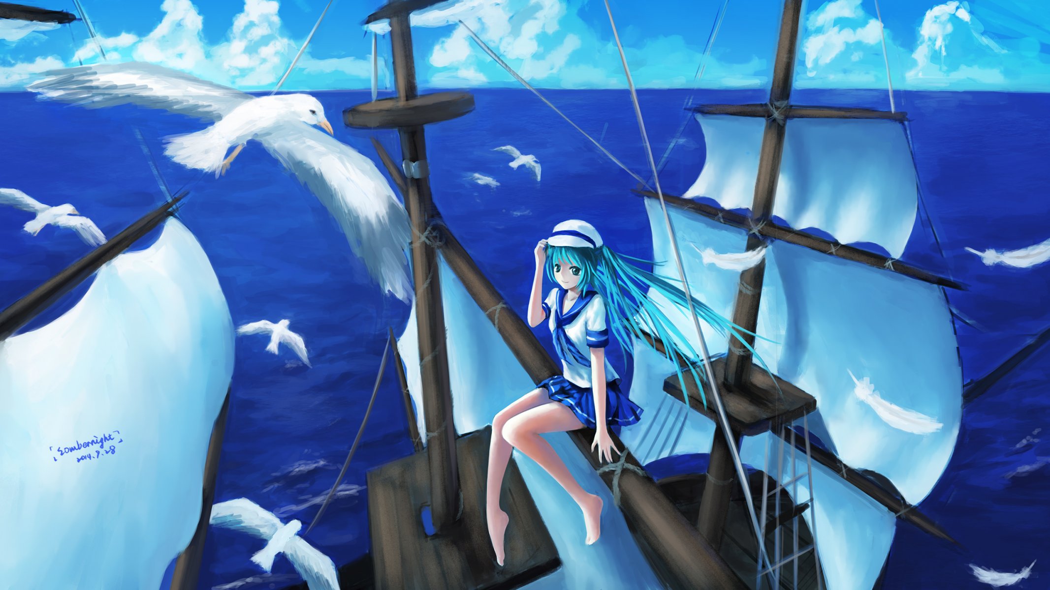 art sombernight hatsune miku fille vocaloid mouettes ciel nuages océan anime navire hauteur