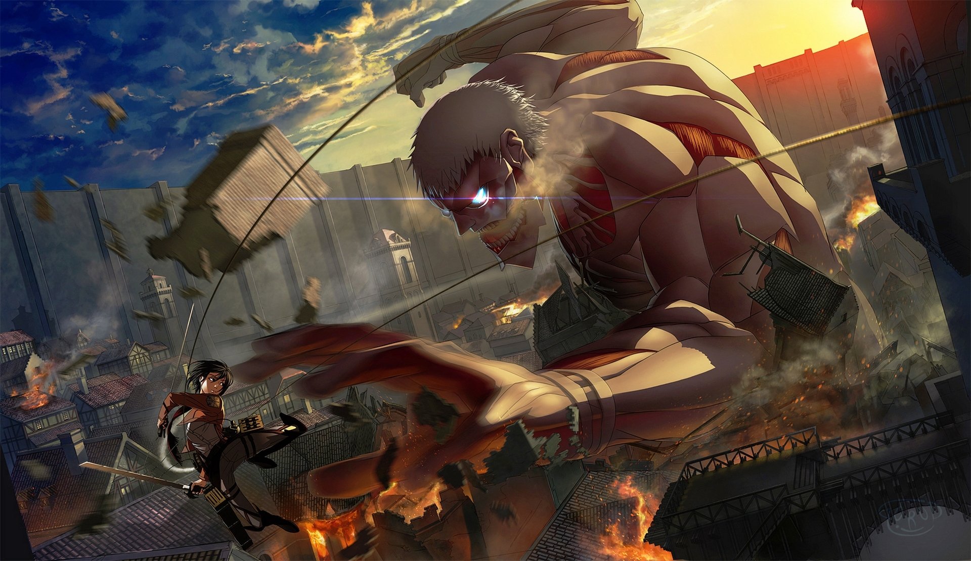 arte ragazza mikasa ackerman calma lame aggeggi soldato volo titano corazzato rabbia città distruzione shingeki no kyojin