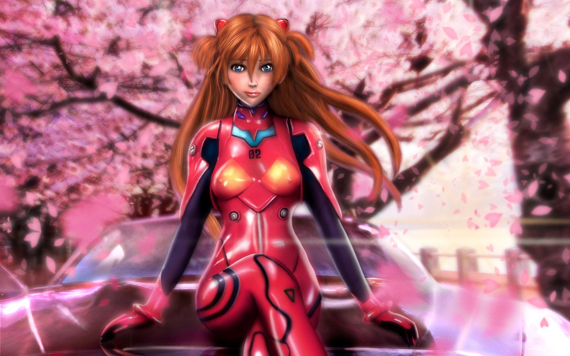 neon genesis evangelion asuka langley ragazza costume seduta macchina cappuccio ciliegia foglie