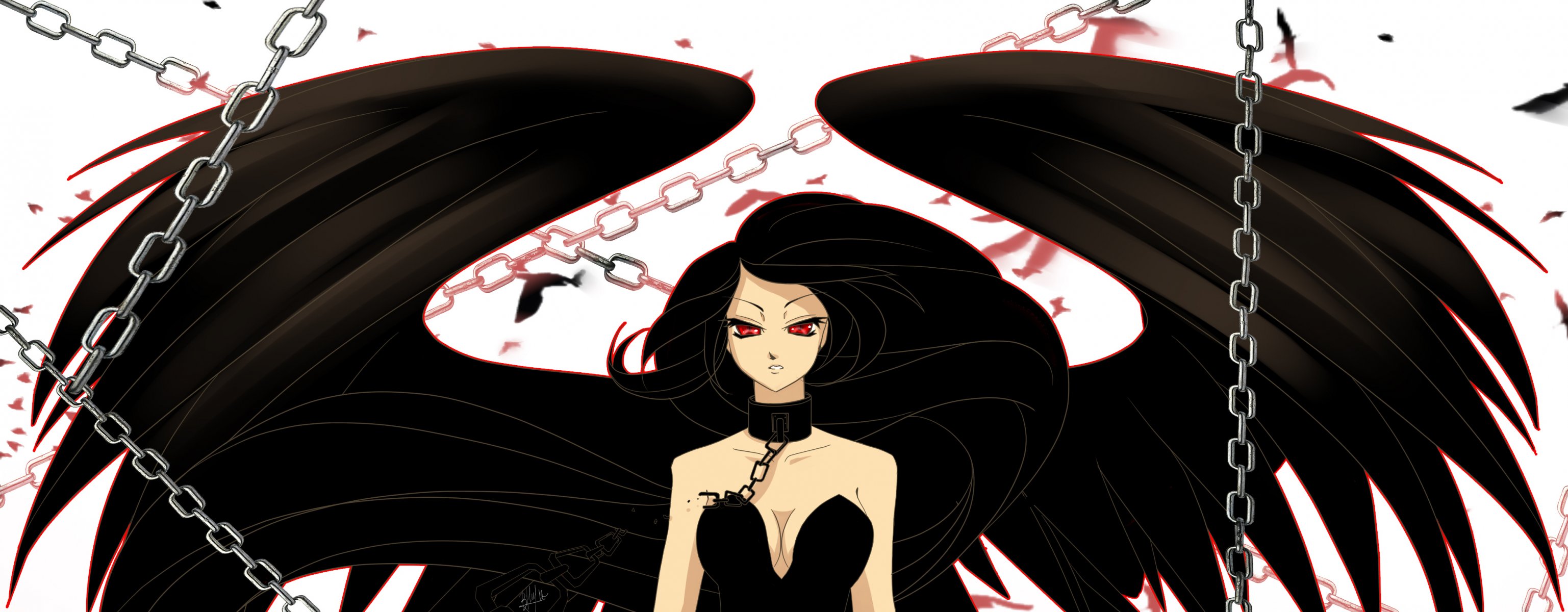 anime fallen angel black wings red eyes face view chain