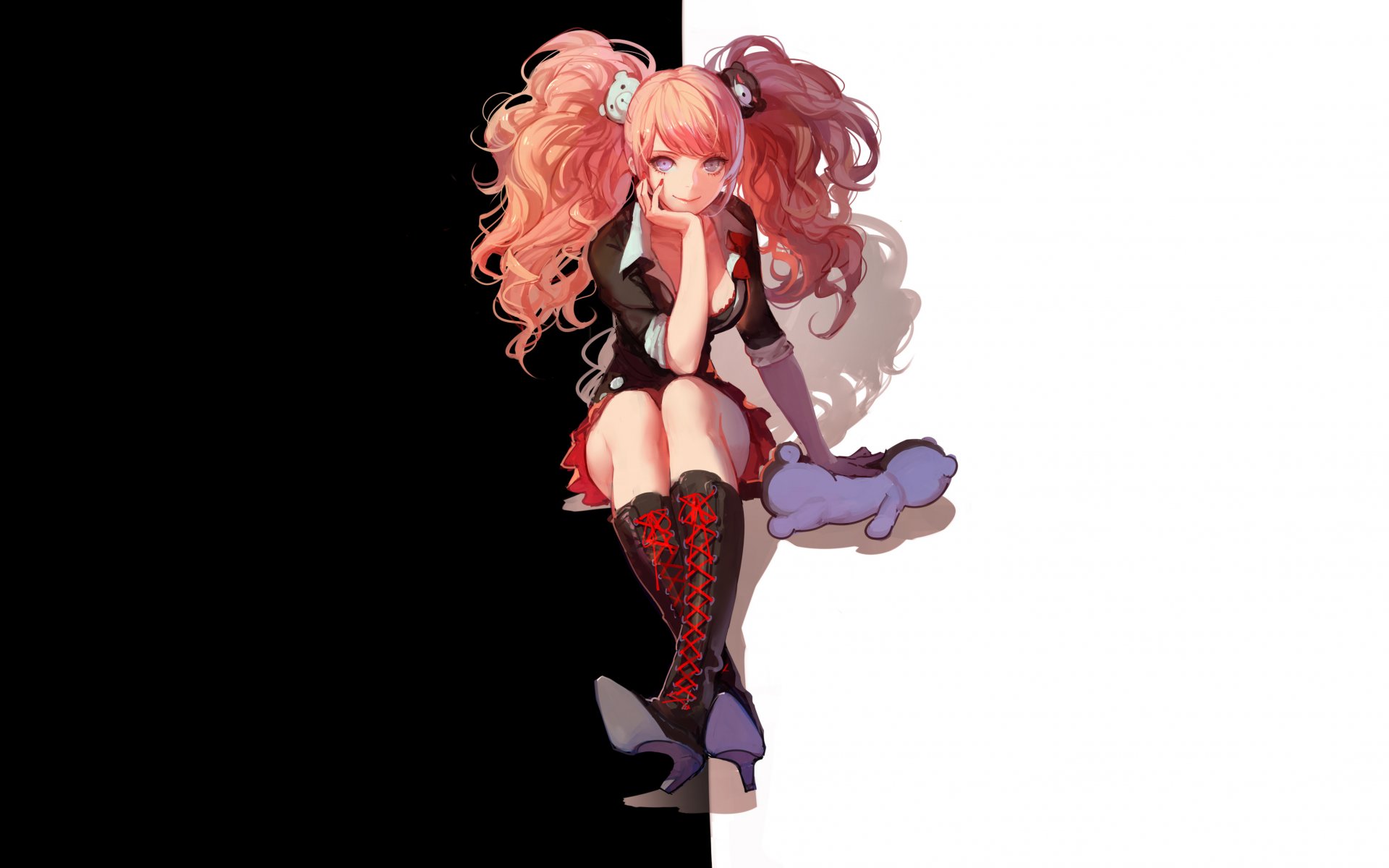 arte asukaziye enoshima junko dangan-ronpa danganronpa monokuma chica pelo rojo oso de peluche negro blanco anime