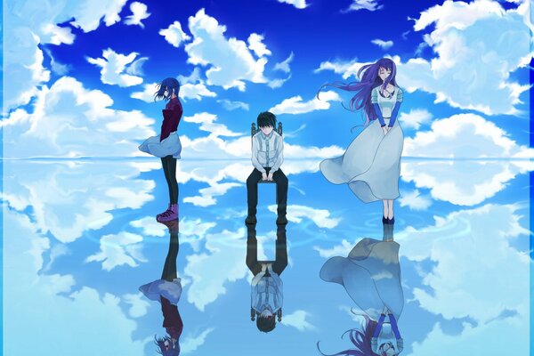 Dessin d un gars anime et deux filles sur fond de nuages reflétés dans la surface du miroir