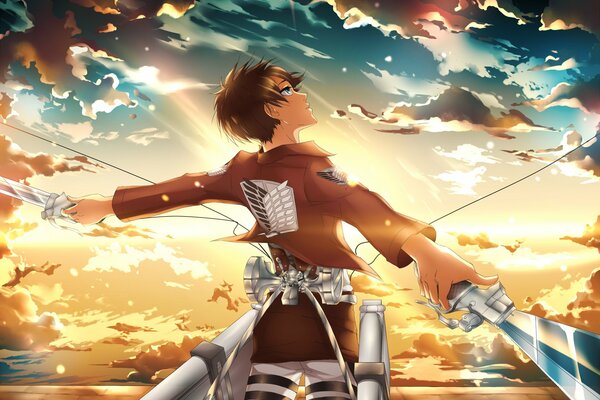 Guy avec une épée sur fond de coucher de soleil anime invasion des géants