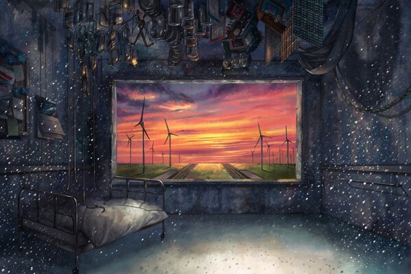 Post-apocalyptic room with a view of a green meadow