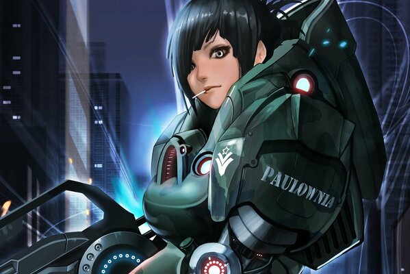 Dark-haired anime girl in a protective suit with a gun on the background of a night city