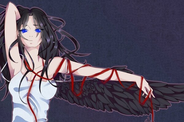 Anime anioł z czarnymi skrzydłami trzyma czerwoną nić