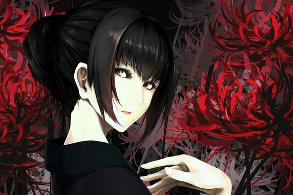 A girl on the background of a red lycoris