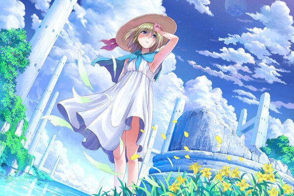Anime. A girl in a dress. Wind