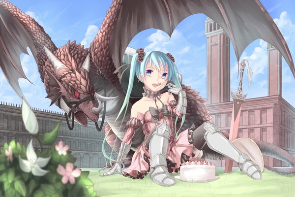 Anime coquette with cake and dragon