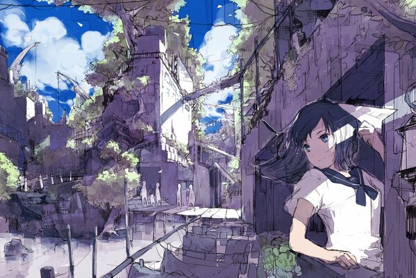 A girl in a magical city in the anime style
