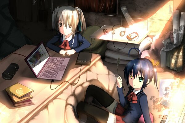 Anime colegialas después de clases en casa