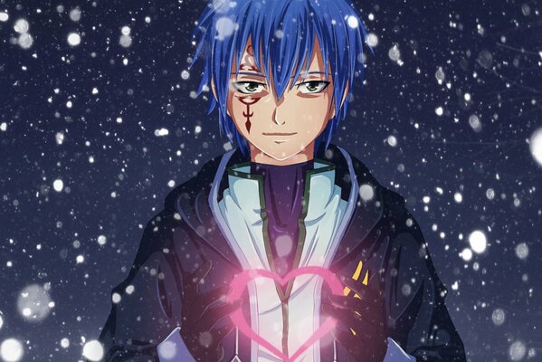 Anime Kerl im Schnee mit Herz