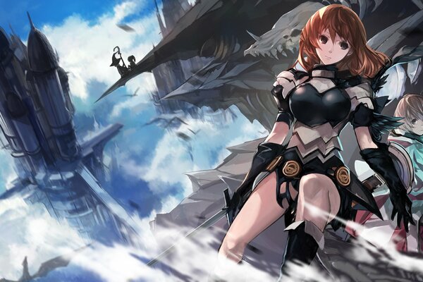 Фэнтези воительница в черном платье с мечом высоко над городом