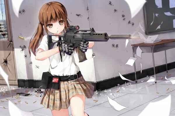 Anime girl with a gun shoots