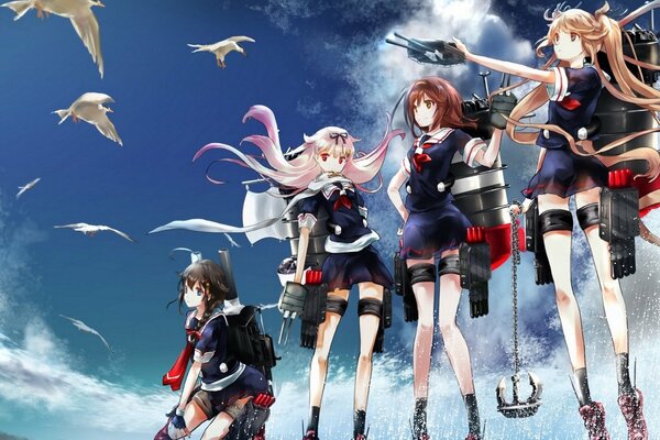 Chicas anime con armas en las nubes