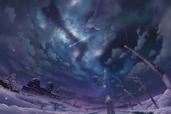Девушка смотрит на звездное небо