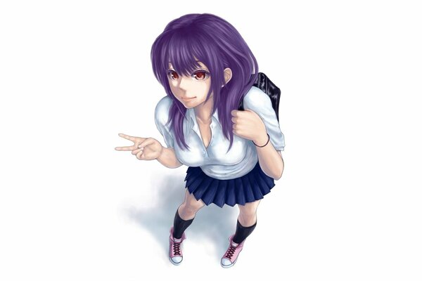 Anime schoolgirl with bright hair on a white background