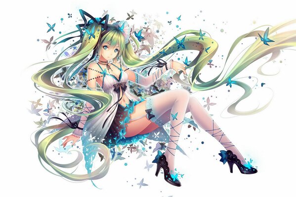 Hatsune Miku est assis avec les cheveux dans le vent en bas