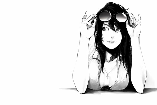 Monochrome art in the anime style. Girl with glasses