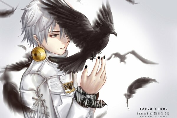 Anime ragazzo in bianco con un corvo