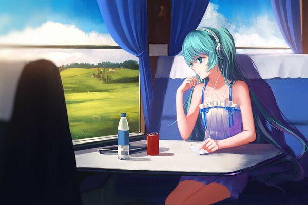 Hatsune Miku en el tren escuchando música en la ventana