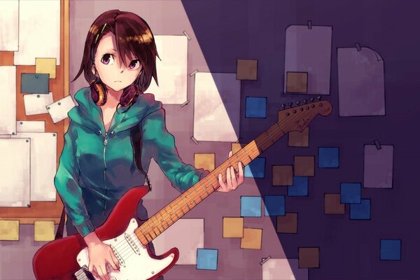 Anime girl with a guitar on the background of a wall with papers