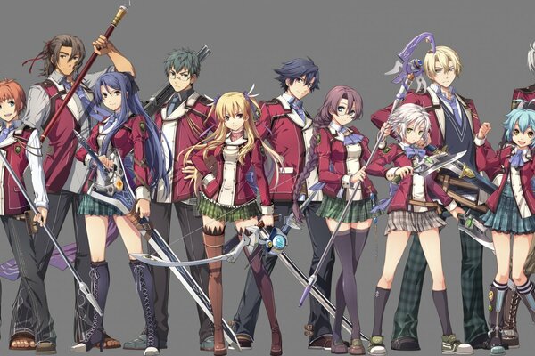 Anime personnages de dessins animés en uniforme scolaire avec des épées